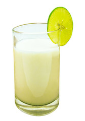 Milk and lemon slice on a white background