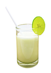 Milk and lemon slice on a white background