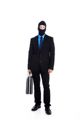 Business Verbrecher mit Sturmmaske und Koffer Porträt