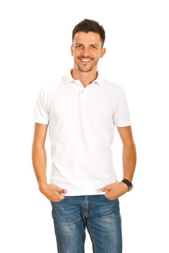Happy man in white t-shirt