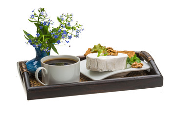 Breakfast with coffee, and cheese