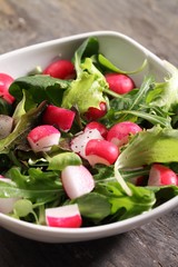 Bowl with various lettuce leaves and radishes.