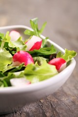 Bowl with various lettuce leaves and radishes