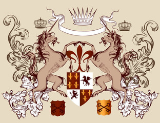 Heraldic design with coat of arms  horses  in vintage style