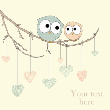 Greeting card with cute owls in love