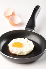 Fried egg on frying pan an egg shells.