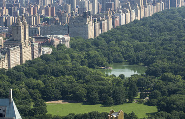 Beautiful aerial view of Central park with skyscrapers on a sunn