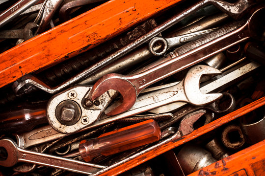 Set of tools and tool box orange