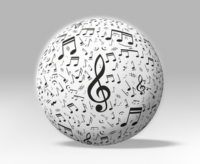 3d musical notes around a white globe - clipping path included