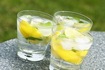 Fresh summer drink with ice cubes, lemon, lime and mint.