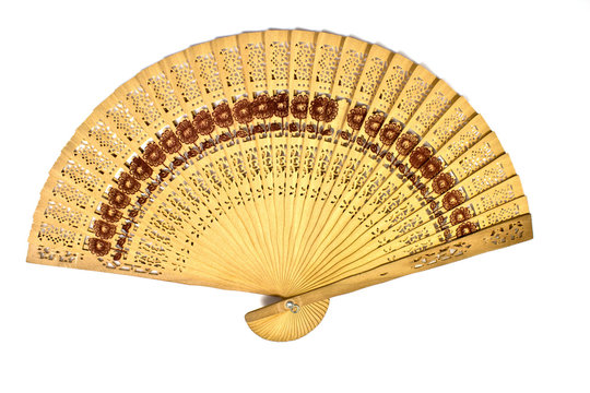 wooden oriental fan isolated on white background