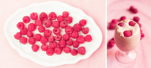 Raspberries in a plate and raspberries on icecream