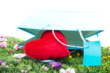 Blue shopping bag with red heart on flower meadow