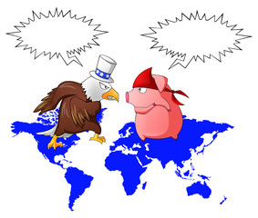 Giant eagle and red pig is fighting above the continent with bub