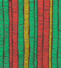 Rows of red and green hand drawn vertical folds