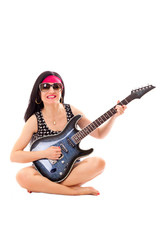 Fototapeta na wymiar Woman With Electric Guitar Isolated On White