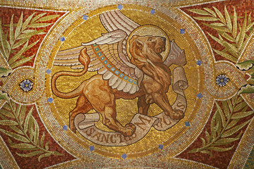Fototapeta na wymiar Madrid - Mosaic of lion as symbol of Saint Mark the Evangelist