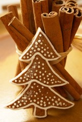 Gingerbread tree and bunch of cinnamon sticks.