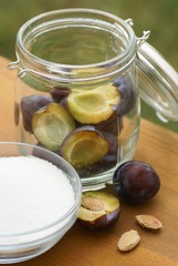 Glass with plums and sugar on garden table.