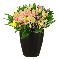Floral bouquet of roses, lilies and orchids arrangement centerpi