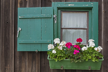 Fototapeta na wymiar Małe okno w domku górskiego z geranium