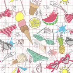 Cute summer abstract pattern. Seamless pattern with swimsuits, s