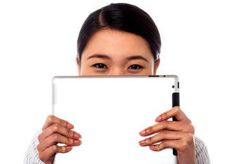 Fototapeta premium Shy corporate lady hiding her face