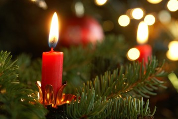 Burning candle on Christmas tree.