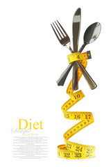 Balanced diet represented by a cutlery set with measuring tape