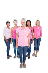 Obraz premium Diverse group of happy women wearing pink tops and breast cancer