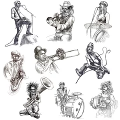 Papier Peint photo Lavable Groupe de musique Musiciens - Illustrations dessinées à la main sur blanc