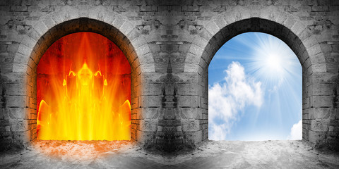 Naklejka premium Two ancient gates to heaven and hell. Choice concept.