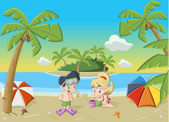 Couple of happy cartoon children playing on tropical beach
