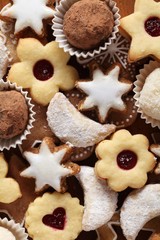 Various Christmas cookies, top view.
