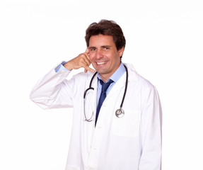 Fototapeta premium Charming medical doctor gesturing call me