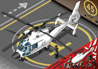 Isometric White Helicopter Landed in Front View