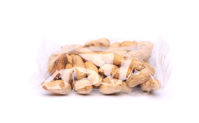plastic bag of peanuts on the white background