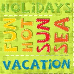 wakacje zabawa słońce morze zielony deseń z napisami - obrazy, fototapety, plakaty
