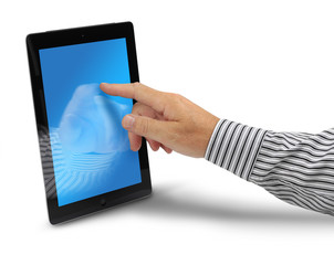 Male hand touching tablet computer