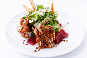 Sashimi tuna salad and deep fried soft crab.