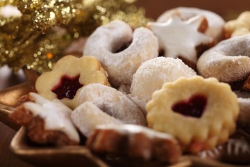 Close-up of various Christmas cookies.