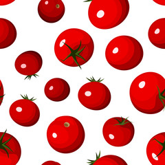 Vector seamless background with red tomatoes on white.