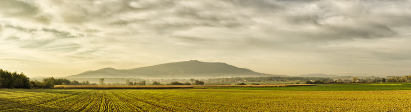 Panorama with field and Sleza Mountain, Poland