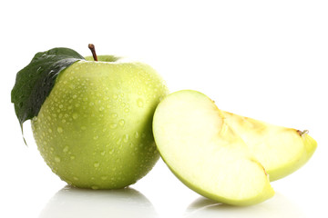 Ripe green apple with leaf and slice, isolated on white