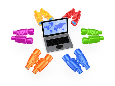 Colorful binoculars around notebook.