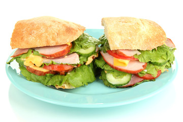 Sliced sandwich with ham and vegetables isolated on white