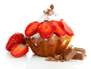 Tasty muffin cake with strawberries and chocolate, isolated