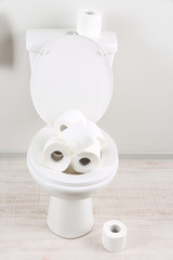 White toilet bowl with toilet paper in a bathroom