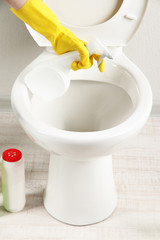 Woman hand with spray bottle cleaning a toilet bowl in a