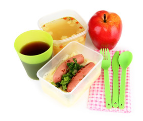 Tasty lunch in plastic containers, isolated on white